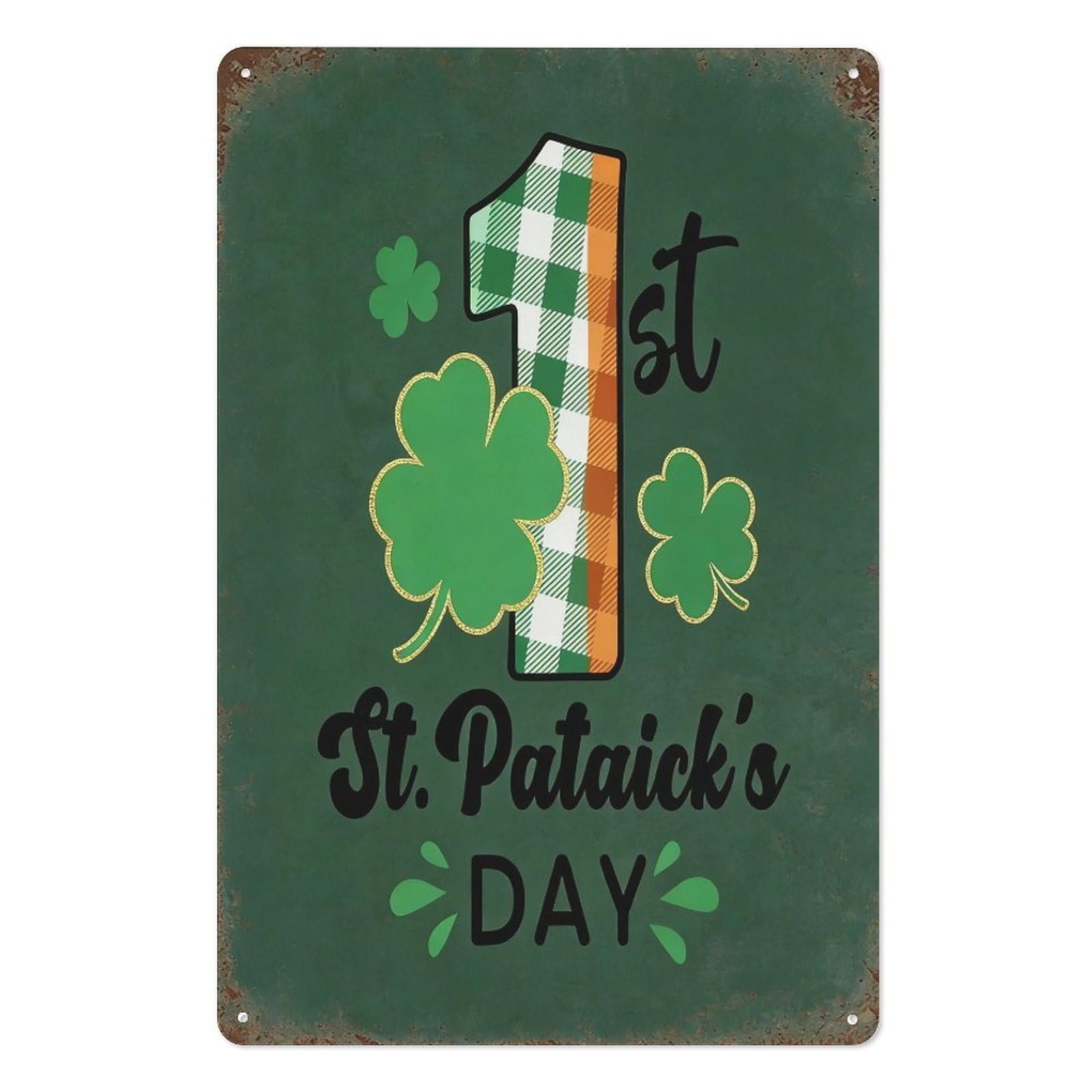 peiyeety St Patrick’s Day Metal Tin Sign 8x12 Inch, Irish Flag Plaid 1st Clover Accents Pub Bar Wall Decor Plaque, Irish Holiday Wall Art