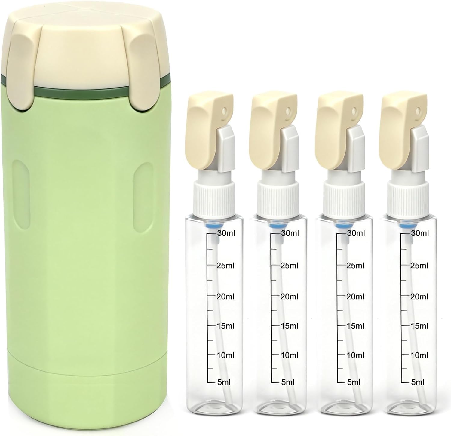 4-in-1 travel dispenser bottles | 4 pack 30ml refillable pump bottles with portable holder | leak-resistant toiletry containers for shampoo | shower gel, liquid soap & travel essentials (green)