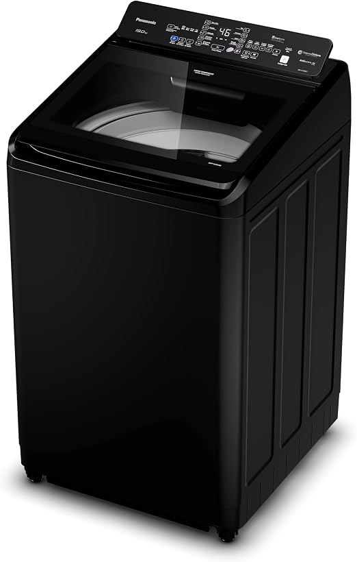 Lavadora Panasonic 19kg preta vista em ângulo lateral direito