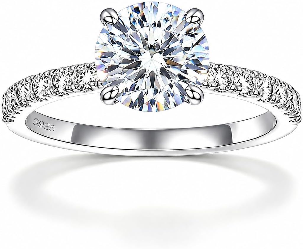 EleShow 2ct Moissanite Engagement Ring, Round Cut D Color VVS1, 925 Sterling Silver 14K White Gold Plated Solitaire Wedding Promise Ring for Women, Ideal Gift for Birthday Anniversary