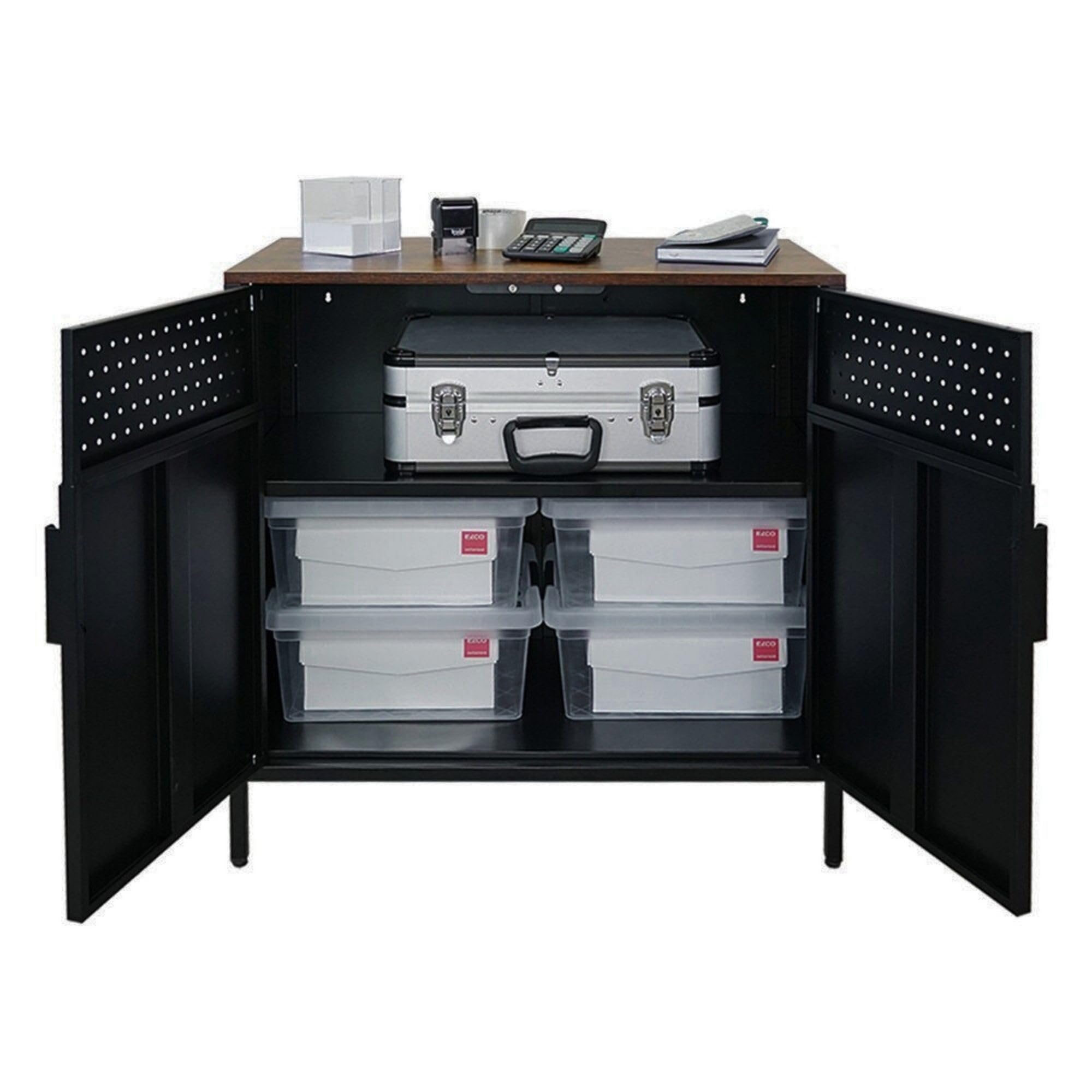 PROREGAL Aktenschrank Lion Metall mit Beinen Metallschrank Doppeltür mit Magnetverschluss 76x80x40cm Kommode 2 verstellbare Einlegeböden Stahl Vintagebraun/Schwarz Aufbewahrungsschrank Büroschrank
