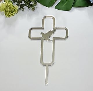 10pcs of Religious Cake Topper,Cross With a Dove Acrylic Cake Topper,Holy Spirit Topper,Confirmation Topper Religious Birthday Wedding Modern Elegant (4', Silver Mirror)