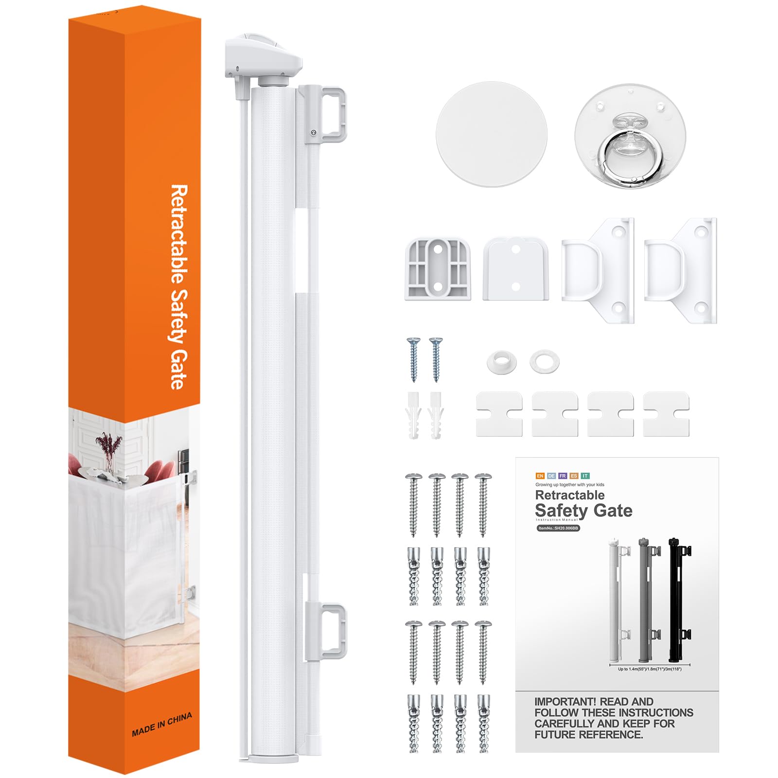 Barrera de Seguridad Extensible para Niños y Mascotas, de 0-140 cm, Barrera Retráctil con Refuerzo de Fibra de Vidrio y Cierre de Pomo, para Escaleras, Uso en Interiores y Exteriores, Blanco