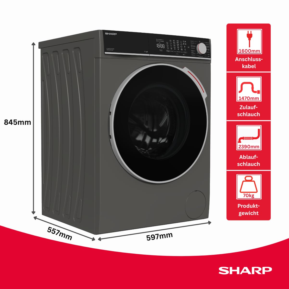 SHARP Waschmaschine ES-WNFL814CADA-DE – Frontlader 8 kg, Energieeffizienzklasse A, 1400 U/min, Advanced Inverter Motor, Super Silent, AquaStop, WiFi App-Steuerung, Dampffunktion, Espresso Gray