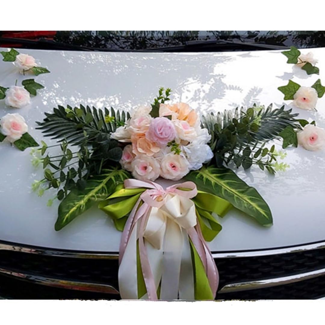 Autoschmuck Hochzeit Künstliche Seidenblume mit grüne Blätter Autoschleifen Girlande Motorhaube Autotürgriff Hochzeit Deko Blumenschmuck Hochzeitsauto Deko für Hochzeit Verlobungsfeier rosa