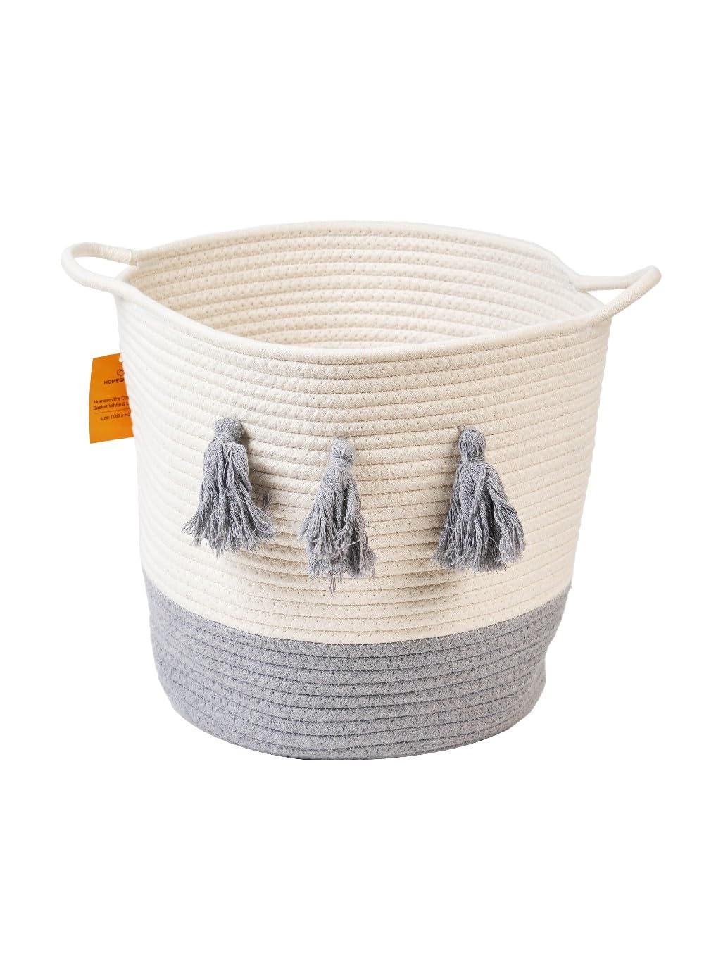 Homesmiths Cotton Rope Basket Upper Mouth White & Light Grey Dia30 X H30Cm