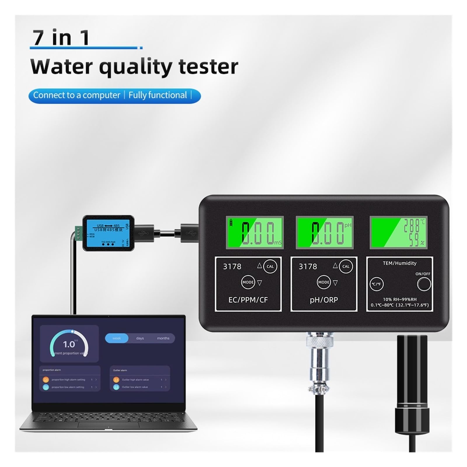 Tester Jakości Wody 7 W 1 Wielofunkcyjny Miernik EC/TDS/CF/pH/ORP/wilgotności/TEMP Z RS485 Na USB 24-godzinny Monitor Online DokłAdny Pomiar