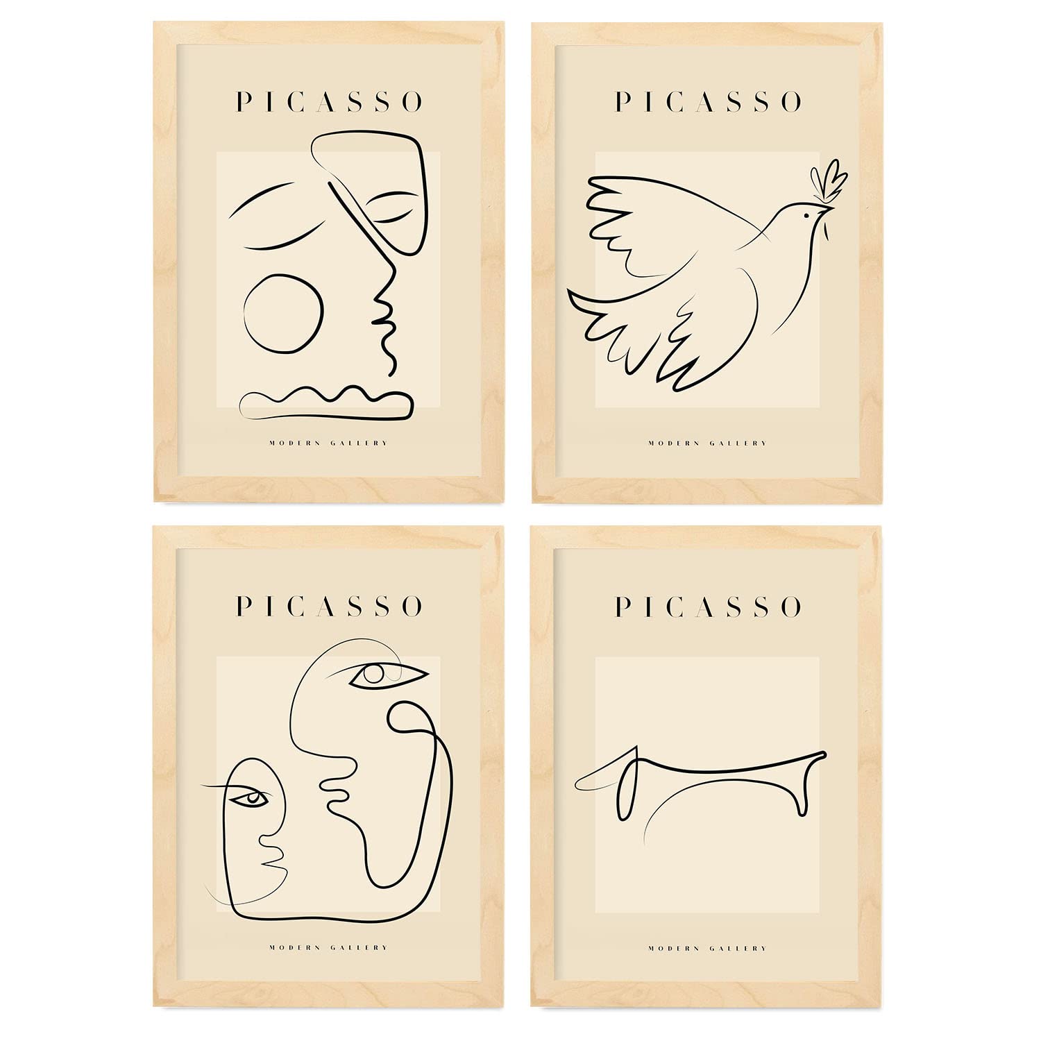 Nacnic Set of 4 Picasso Collection of Line Peace. Aesthetic Wall Art Prints for Bedroom or Living Room Design. Sizes A4. with Lightwood Frames.