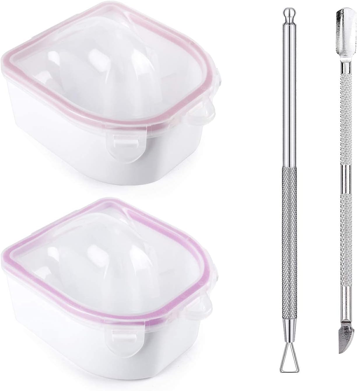 Yokilly Nail Soaking Bowl,2PCS Soak Off Gel Polish Dip Powder Remover Manicure Bowl with Triangle Cuticle Peeler and Stainless Steel Cuticle Pusher Nail Art Tool (Pink)