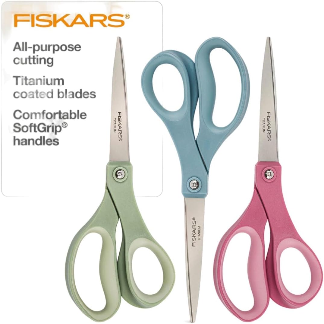 Fiskars SoftGrip Titanium Scissors - 8" Contoured Performance All Purpose & Stitcher - Straight for Office, Arts and Crafts - 3-Count (No. 5)