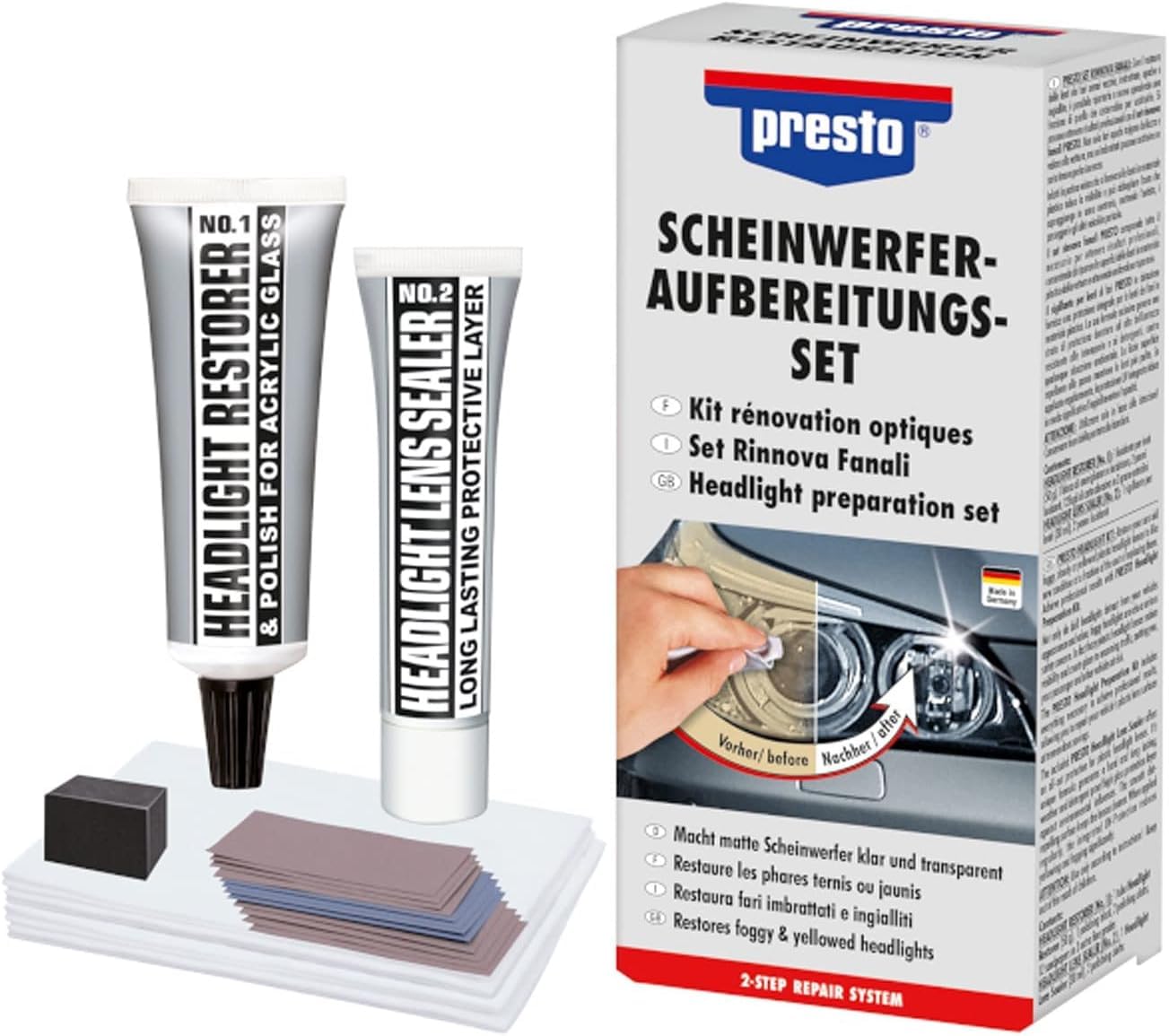 presto Scheinwerfer-Aufbereitungs-Set, Komplettes Set zur Scheinwerferaufbereitung, für Auto & Motorrad, inkl. Politur, Entfernt Kratzer, UV-Schutz