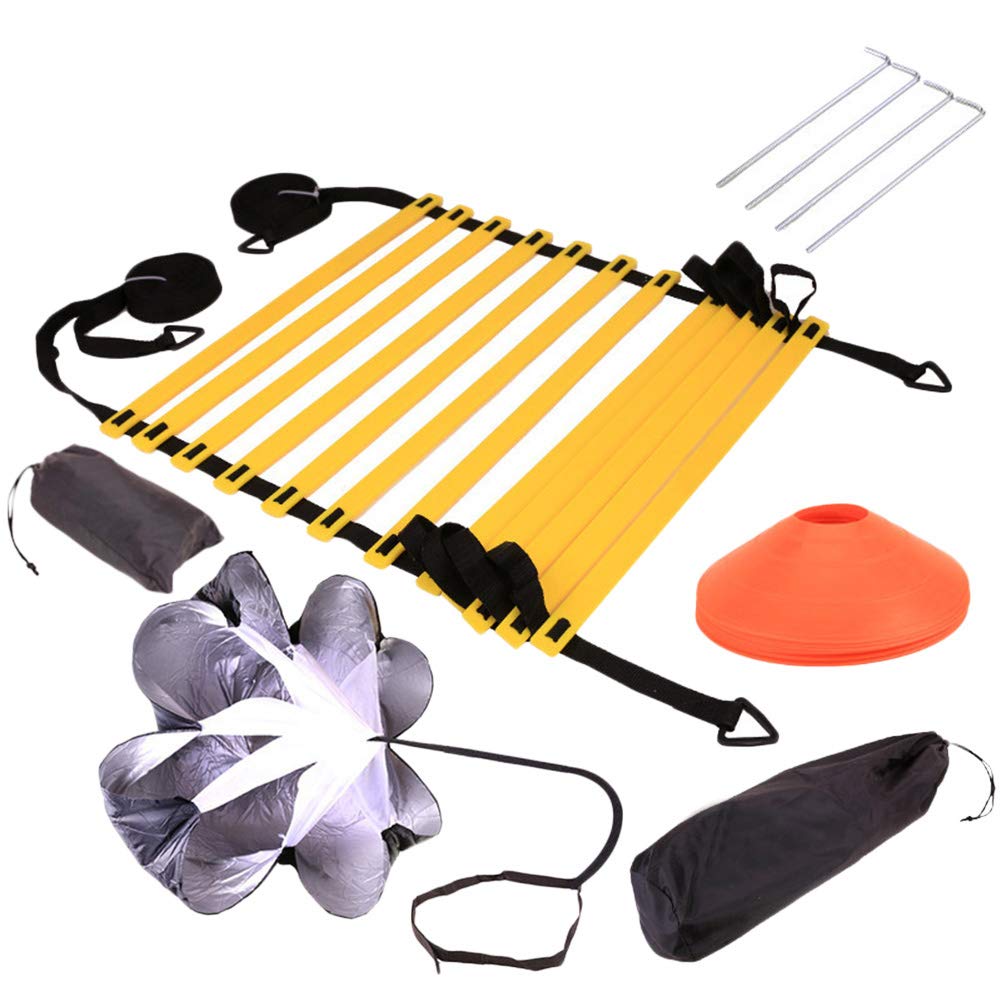 Set di Scala Agilità Scaletta 6M| 12 Pioli, 5 Coni & 4 Picchetti di Terra,1 Paracadute Allenamento Calcio Sport Fitness velocità per Adulti