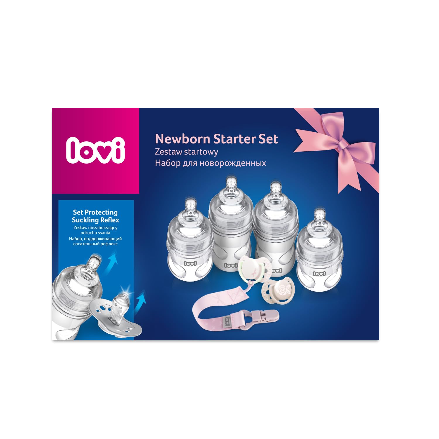 LOVI Baby Shower Geschenkset – 4 Babyflaschen (2 x 150 ml, 2 x 250 ml), Beruhigungssauger 0–2 M., Schnullerband, Set für Neugeborene (Girl)