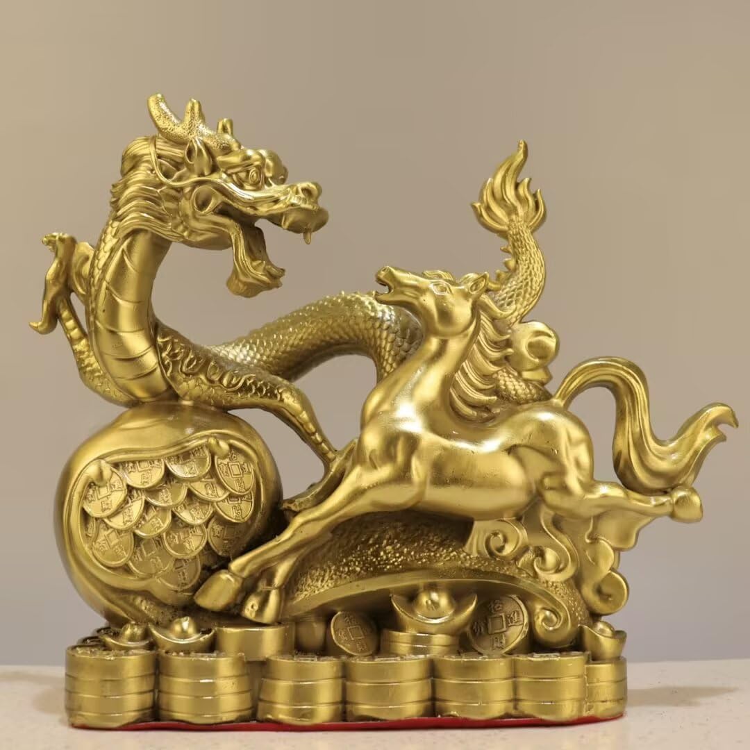 Dytartzx Pure Copper Dragon and Horse Statue, Chinese Style for attracting Wealth and Good Luck, a Gift for Opening a Store or Company