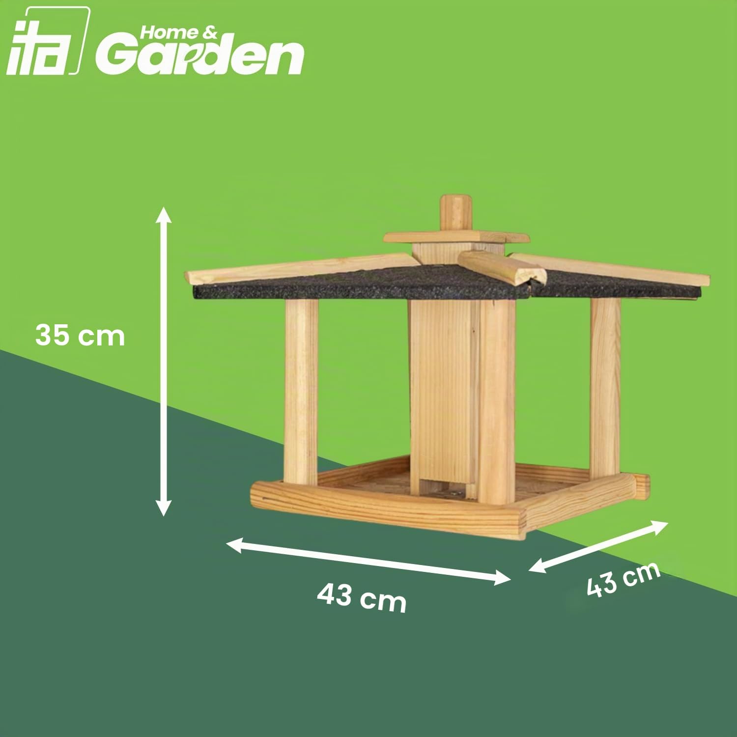 ITA Casa per Uccelli Selvatici 43x43x35 cm in Legno - Casetta per Uccelli - Distributore di Cibo per Uccelli Selvatici - Resistente alle Intemperie, Stabile, Robusta