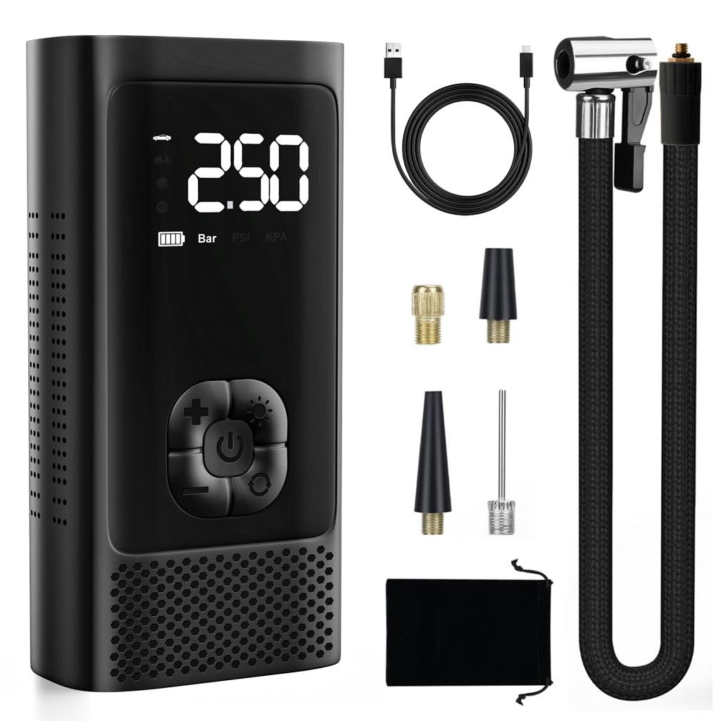 Tire Inflator Portable Air Compressor - 4X Faster 150 PSI Air Pump for Car Tires - Wireless/Wired Car Tire Inflator with Pressure Gauge - Portable