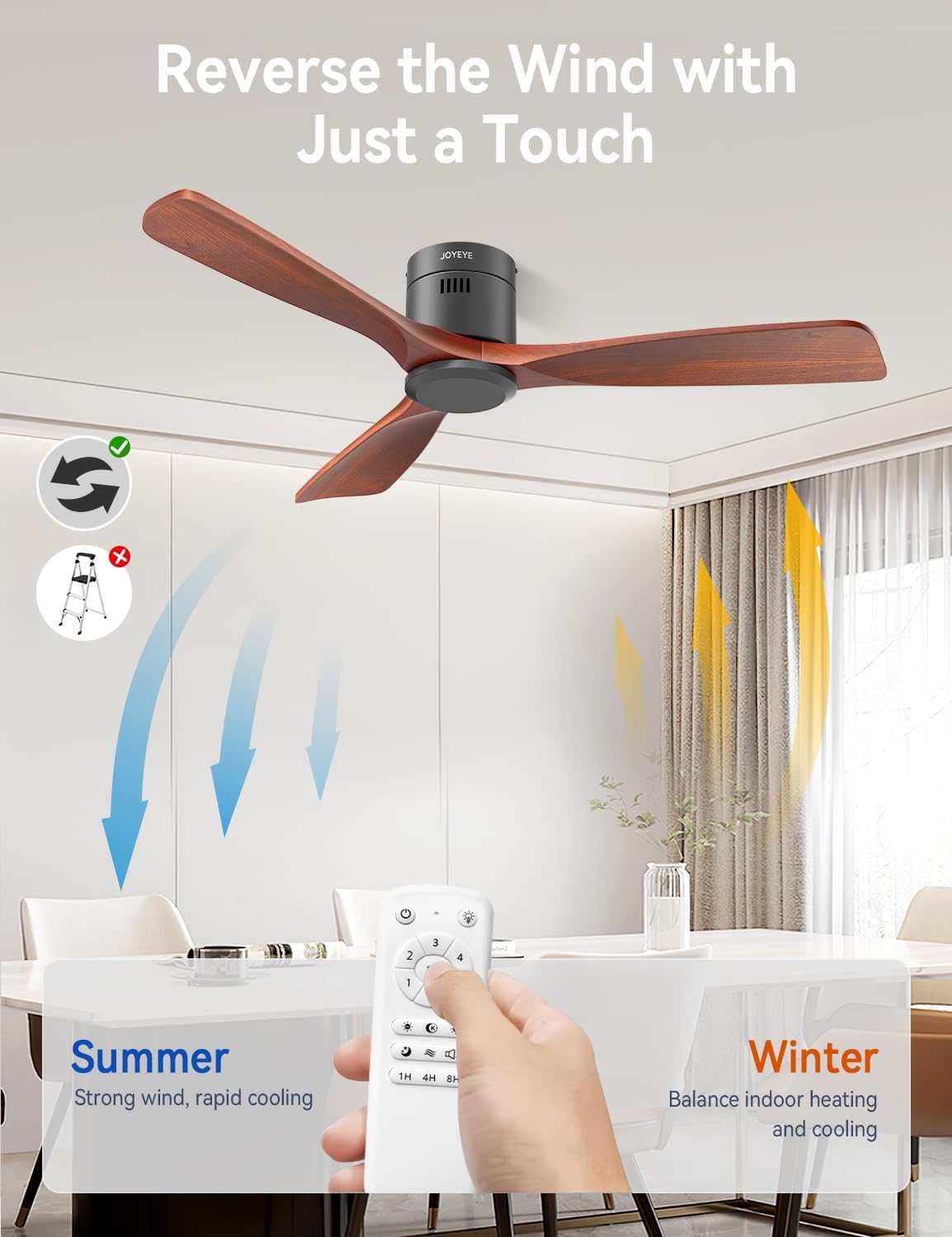 flush mount ceiling fan with remote 52 inch, dc motor, 3 wood blades, 6-speed, reversible, timer, indoor outdoor modern low profile ceiling fans no light for bedroom living room kitchen patio flush mount no light