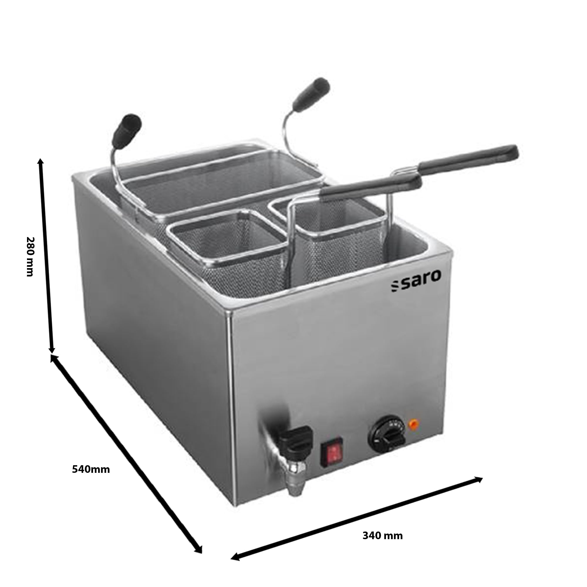 SARO PASTA 25 - Cuocipasta elettronico per la gastronomia, modello da tavolo, da 25 l, con 3 cestelli e rubinetto di scarico, in acciaio inox, temperatura regolabile fino a 110 °C, da 3,2 kW
