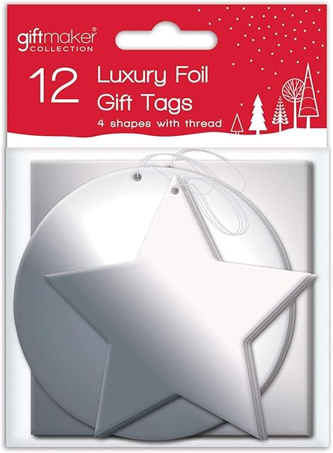Luxury Silver Foil Christmas Xmas Present Shaped Gift Tags with Thread - Silver Tags, Z-ANXAHGT1045