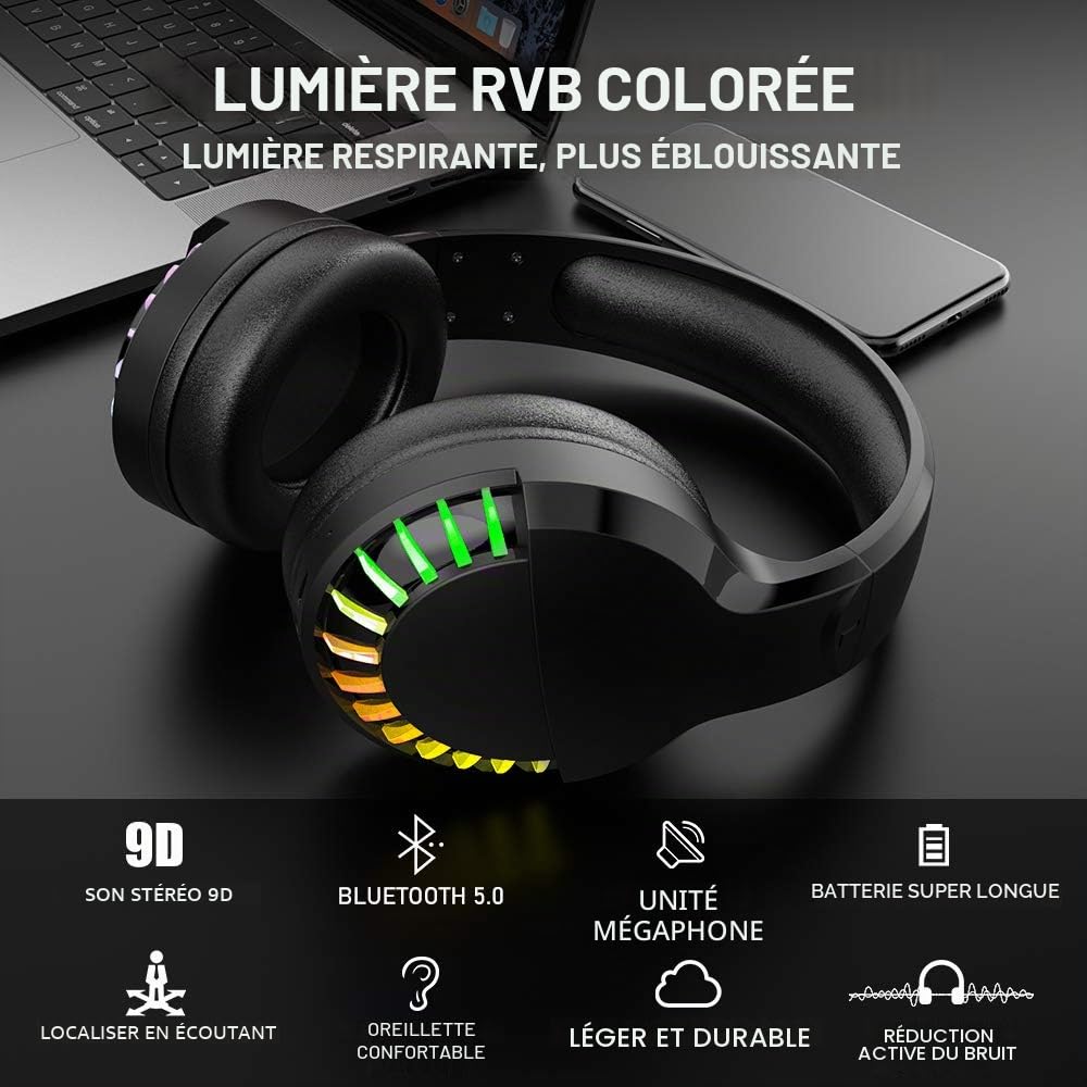 Ensemble combiné Clavier et Souris de Jeu sans Fil et Casque et Tapis de Souris 4 en 1,16 Clavier Rechargeable rétroéclairé RVB avec Repose-Mains, 7 Souris rétroéclairées et écouteurs Bluetooth RVB