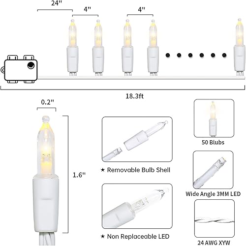 Miniatura 6 de MULTI-SPARKING Luces de Navidad que funcionan con pilas, paquete de 2 mini tiras de 50 luces LED de color blanco cálido para árbol pequeño, corona,