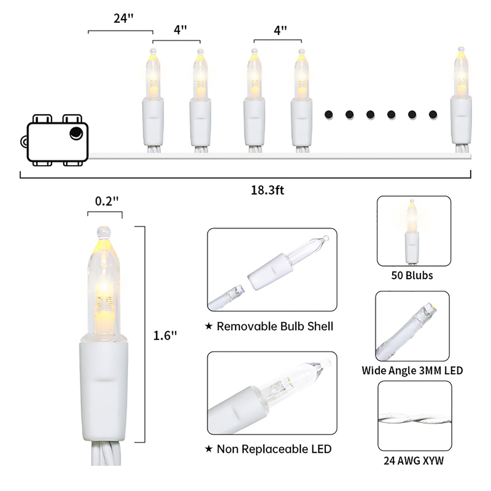 MULTI-SPARKING Lot de 2 guirlandes lumineuses de Noël à piles avec 50 LED blanc chaud pour petit arbre, couronne, artisanat, décoration d'intérieur/extérieur, 8 modes et fonction mémoire, fil blanc 5