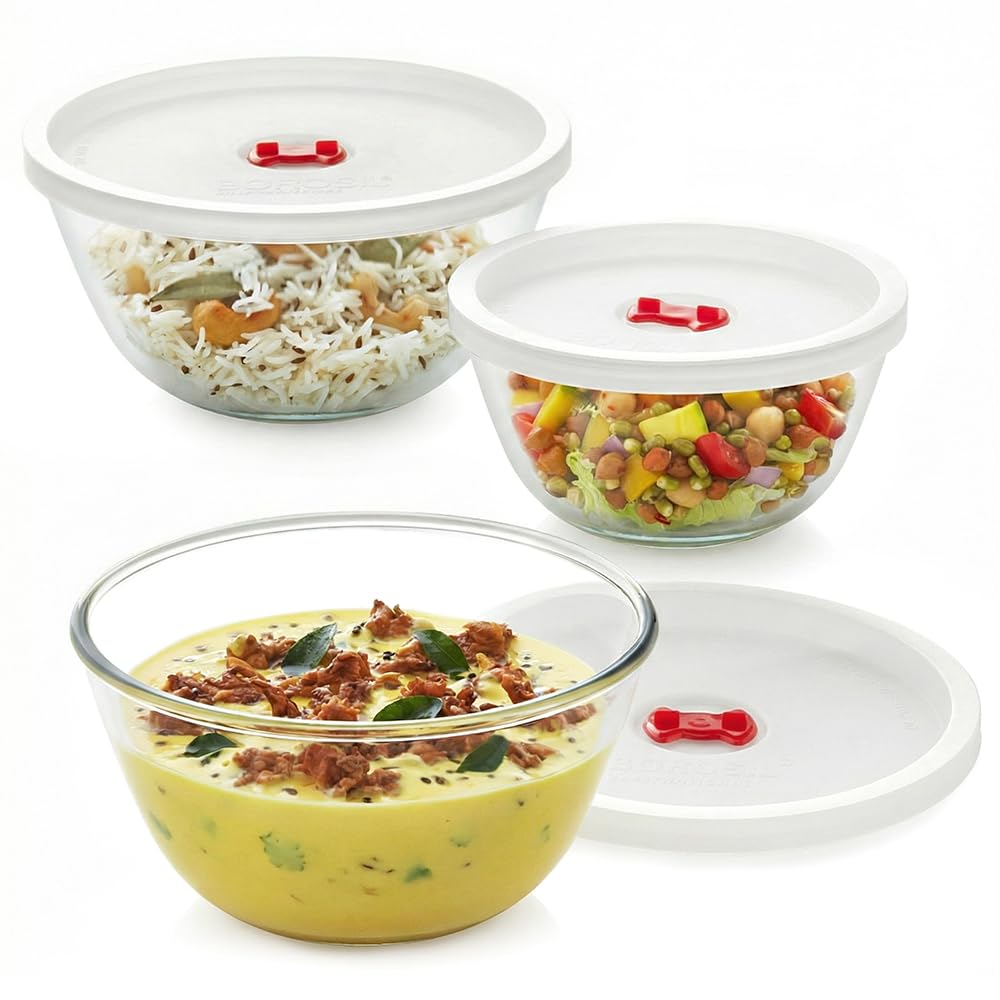 750ml + 1 L + 1.5L (3pc) Serving & Mixing Bowl Set | Made in India Borosilicate Glass Bowl for Kitchen & Dinning | Bowl for Mixing Dough, Salad, Batter | Microwave & Dishwasher Safe | Clear