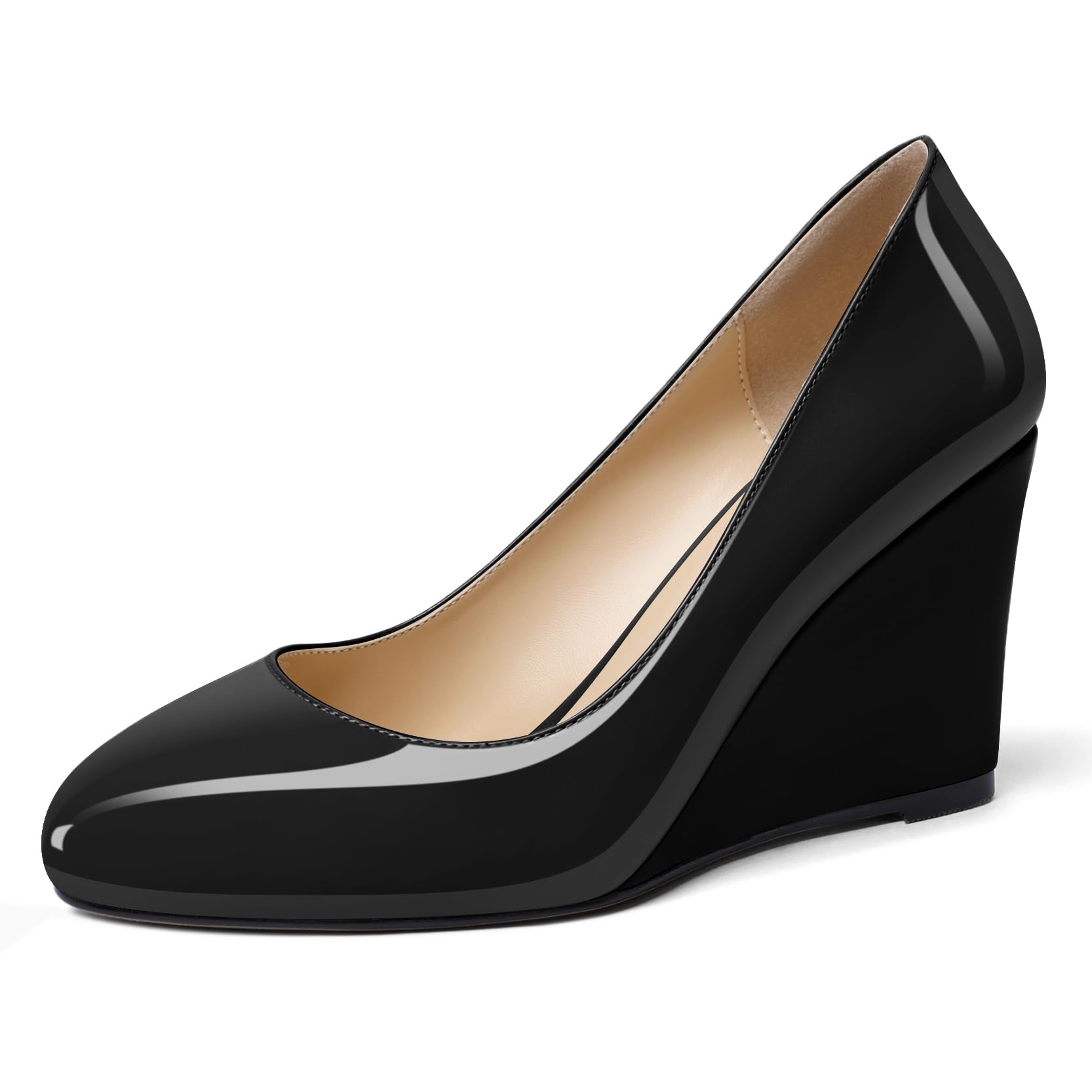 Soireelady Women Round Toe Wedges Closed Toe High Heel Pumps Slip On Wedge Heels Patent Leather Office Work Heels Elegant Dress Shoes
