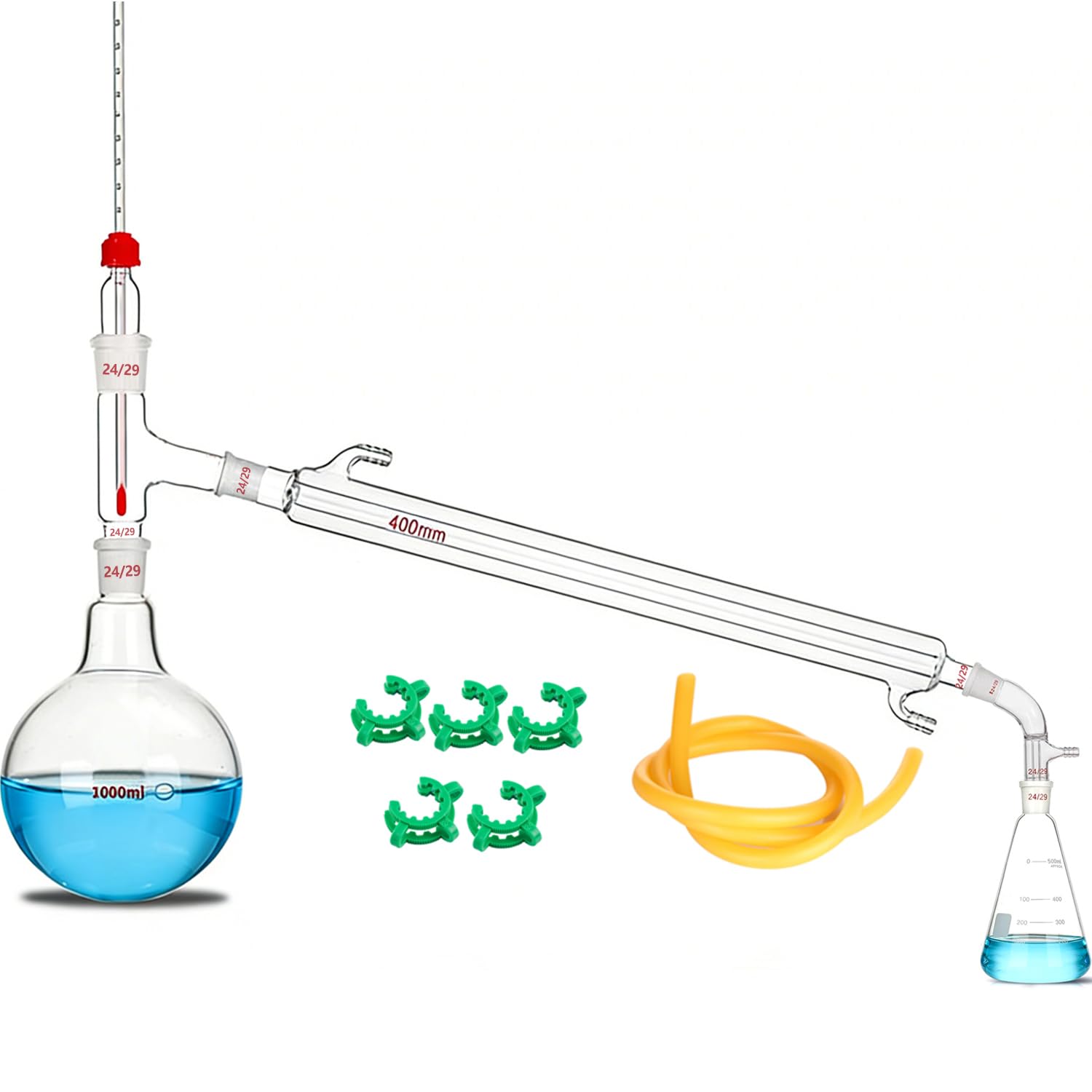 Conjunto de destilación de laboratorio Aparato de vidrio de borosilicato Kit de vidrio de laboratorio de química 24/29 Junta (1000ml)