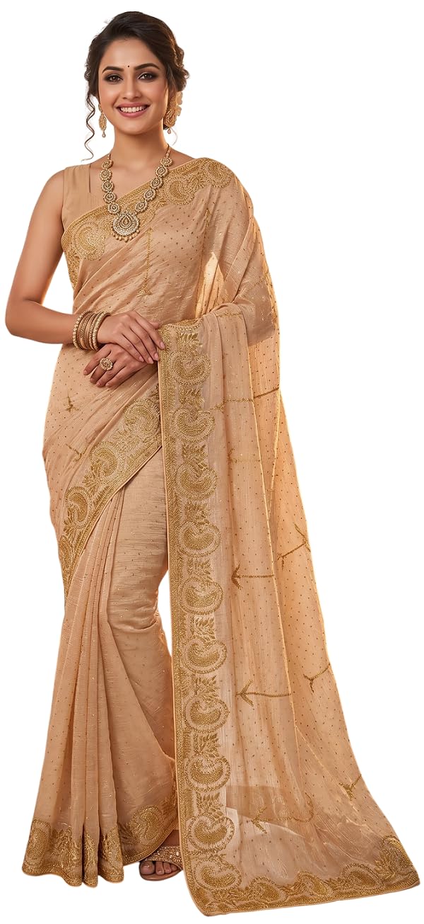 Women's Embellished, Self-Design Bollywood Fandy Silk Saree with Heavy Paisley Zari Border and Moti Work (Champagne Gold) (Golden)-image-16