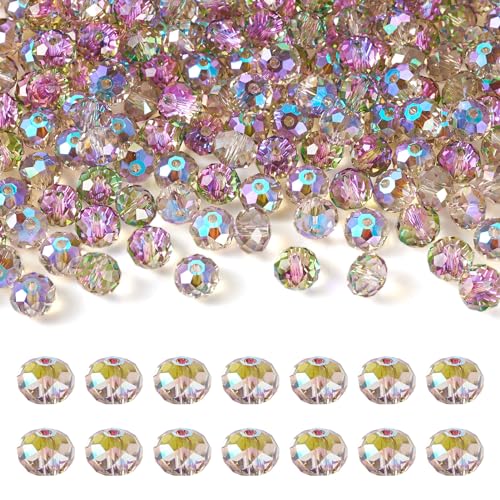 Crafans 200Pcs Faceted Crystal Rondelle Transparent Glass Beads 8MM Rainbow Plated Chunky Loose Spacer Bulk Beads for Jewelry Making Violet