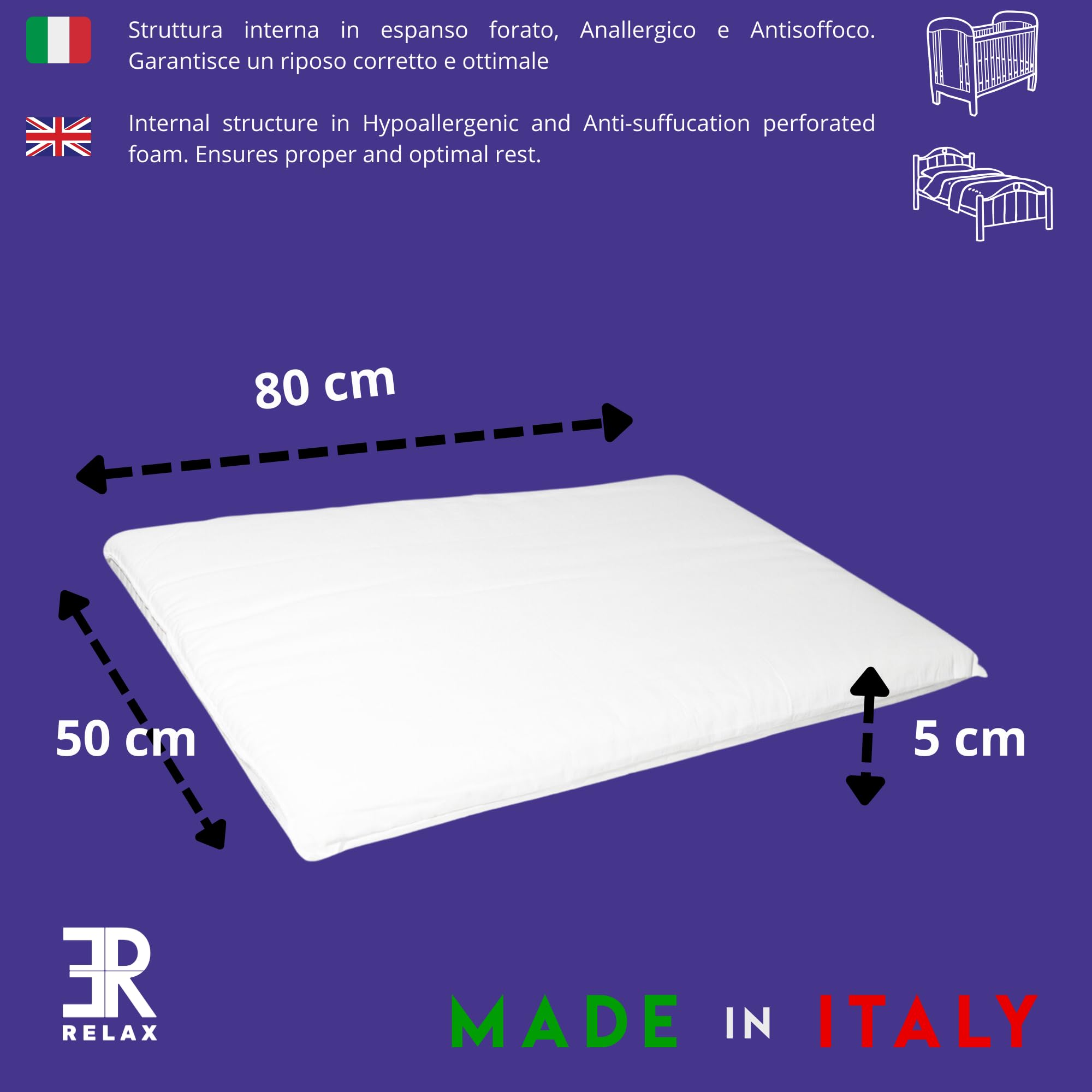 ER RELAX Anti-Erstickungskissen für Kinder, niedrig, 50 x 80 cm, Höhe 5 cm, für großes Bett. Niedriges, hypoallergenes Kissen, atmungsaktiv, mit Bezug aus 100% Baumwolle. Made in Italy (1)
