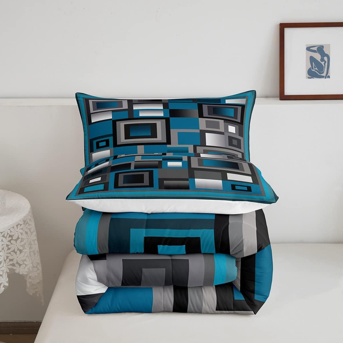 Castle Fairy Blue Comforter Set,Modern Squares Design Bedding Set for Kids Girls Women,Adults Geometric Grid Comforter,Abstract Quilted Duvet Set Bedroom Collection Twin Size 2Pcs