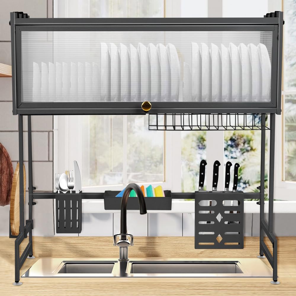 homewell - Escurridor para platos de cocina, escurreplatos con ganchos, soporte y utensilios para tabla de cortar, 75 cm de largo