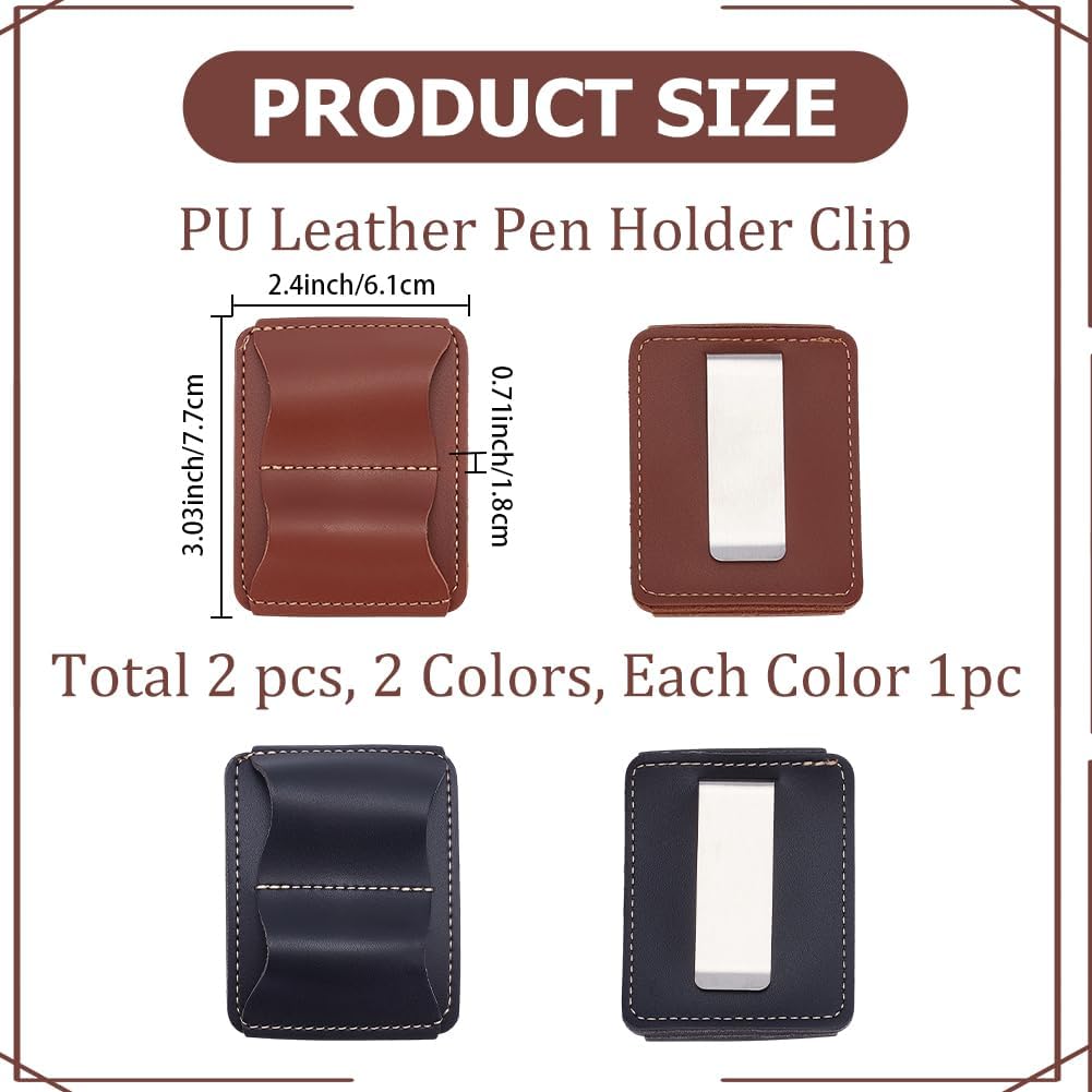 CRASPIRE 2Pcs Pen Loop Clip Leather with Iron Clip Black Brown Imitation Leather Double Loop Ballpoint Pen Sleeve Case Pouch Holder for Notebook Journal Book Clipboard Practical Pencil Organizer image 2