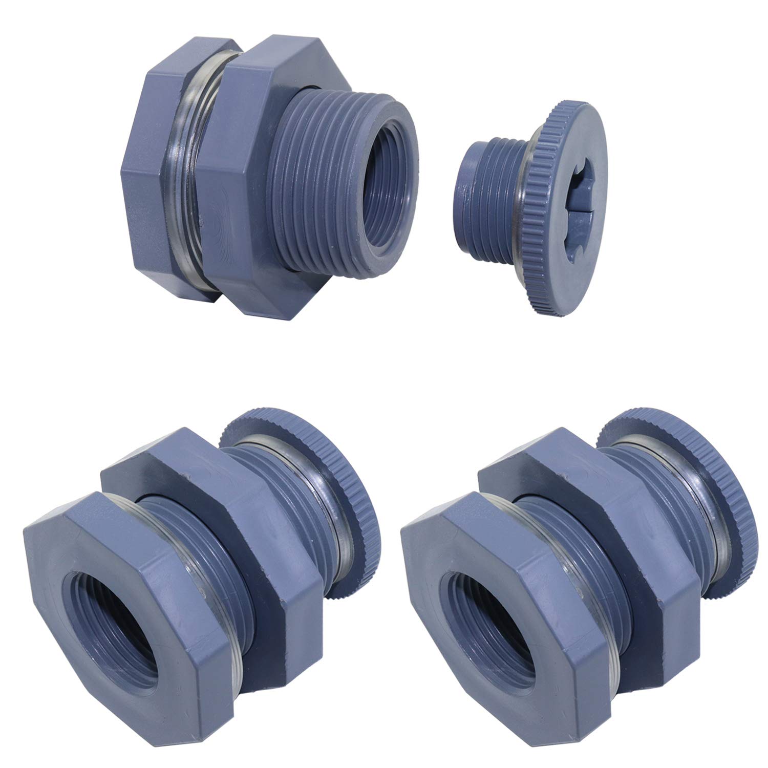 Set of 3 PVC 3/4 Inch Bulkhead Fitting with Plugs Threaded Bulkhead Adapter Rain Barrel Spigot Connector Kit for Water Tanks, Aquariums, Tubs, Pools