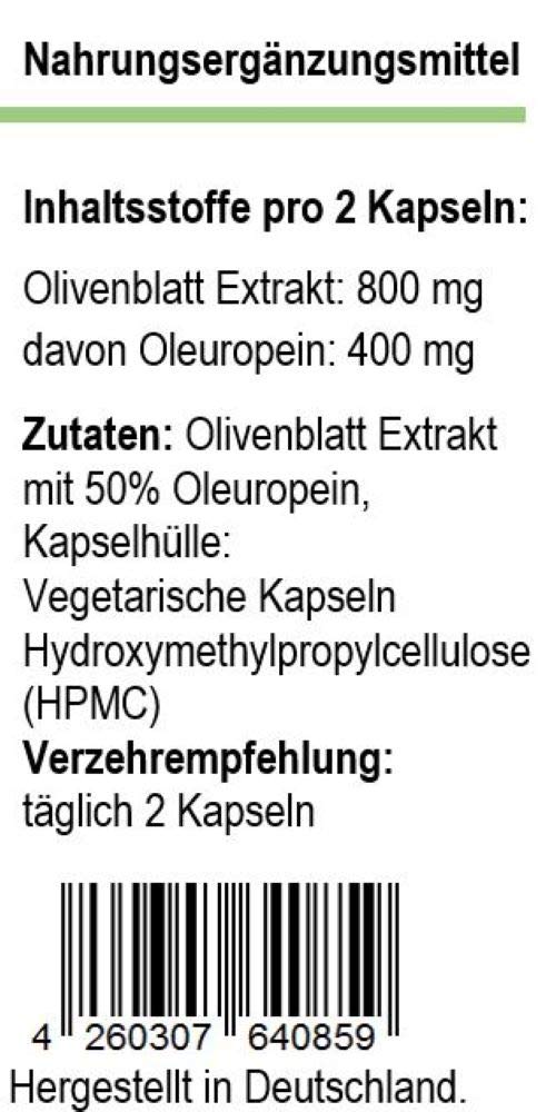 Olivenblatt Extrakt, 50% Oleuropein, 120 Kps., Reinsubstanz ohne Zusatzstoffe, vegetarische Kapselhülle, deutsche Produktion