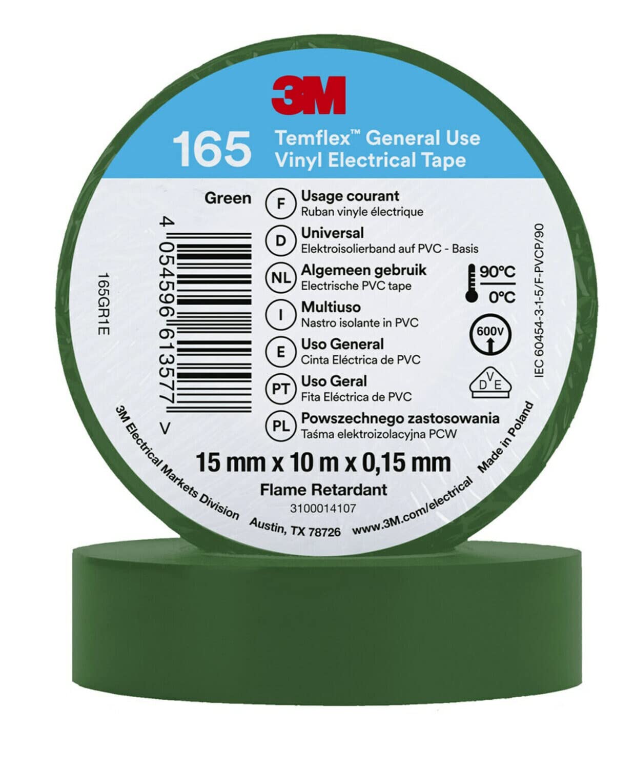 3M Temflex Winylowa taśma elektryczna 165, zielona, 15 mm x 10 m, 100 rolek/obudowa