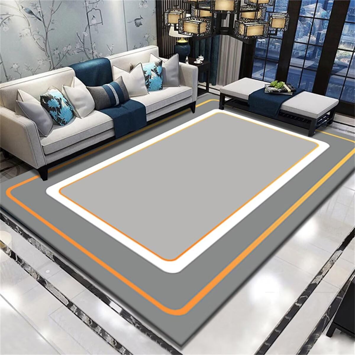 Tapis de canapé lavable géométrique gris orange 60x120 anti-tache chambre enfant