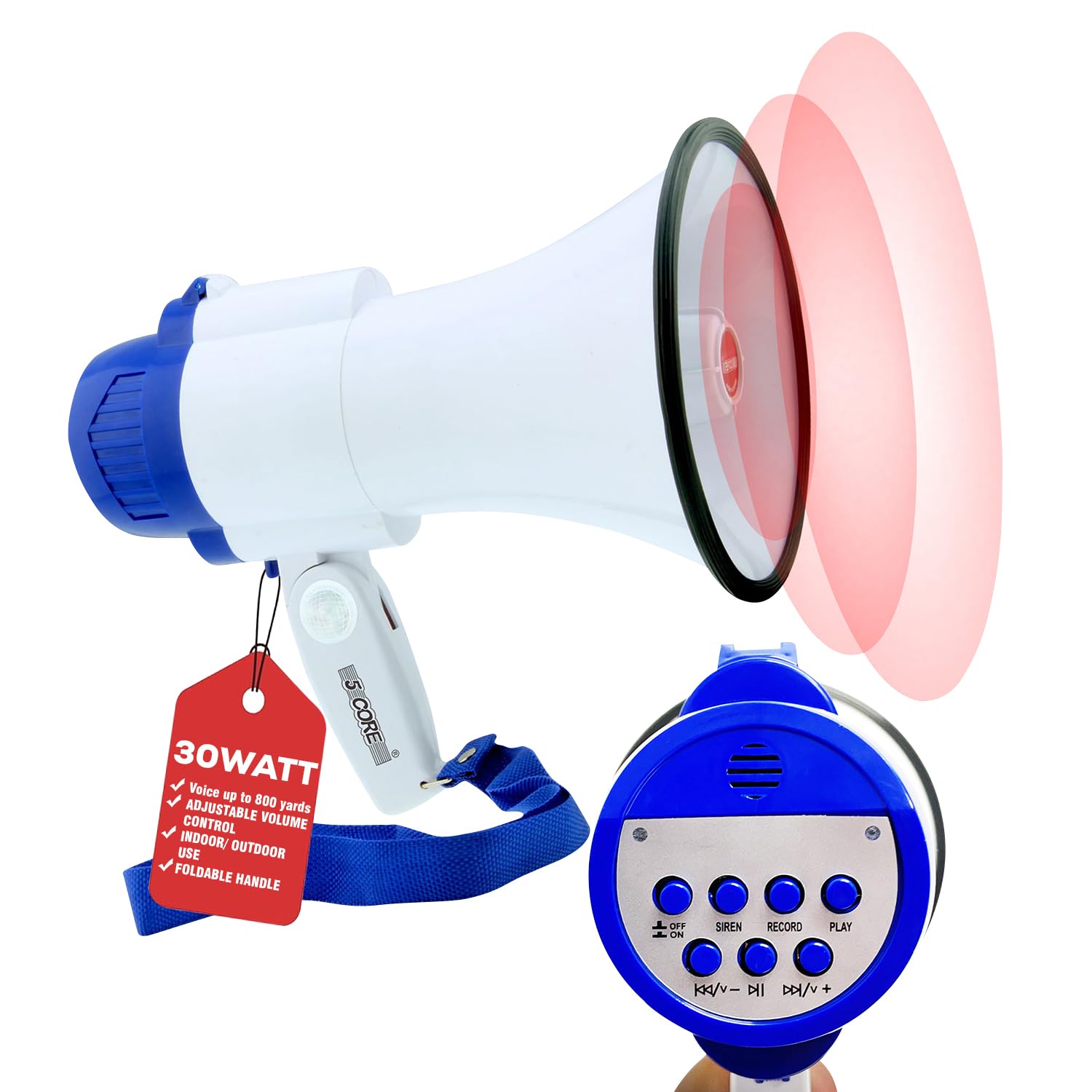 5 CORE Megaphone Speaker Portable • 30W Bullhorn w Siren • Adjustable Volume Bull Horn Battery Powered Handheld Mega Phone for Coaches Safety Drill- 8R-USB-WB