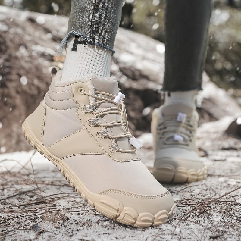 Hike Winter Barefoot Shoes Women Men Outdoor Wide Toe Box Minimalist Non-slip & Waterproof Five Finger Sneakers Slip On Warm Snow Boot Hiking Walking Barefoot Boots(Khaki,7-7.5 MEN/9-9.5 WOMEN)3