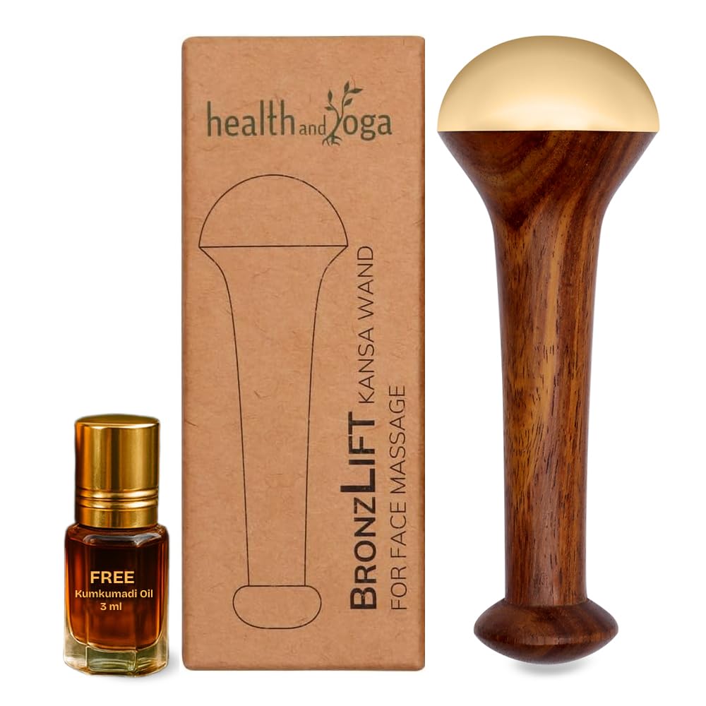HealthAndYoga® BronzLift Kansa Wand Facial Massage And Kumkumadi Face Oil - Bronze Ayurveda Face Yoga Beauty Tool - Facelift Effect- Reduces Double Chin- Sculpts Jawline & Cheekbones- Anti-Aging Stick (Single Dome)