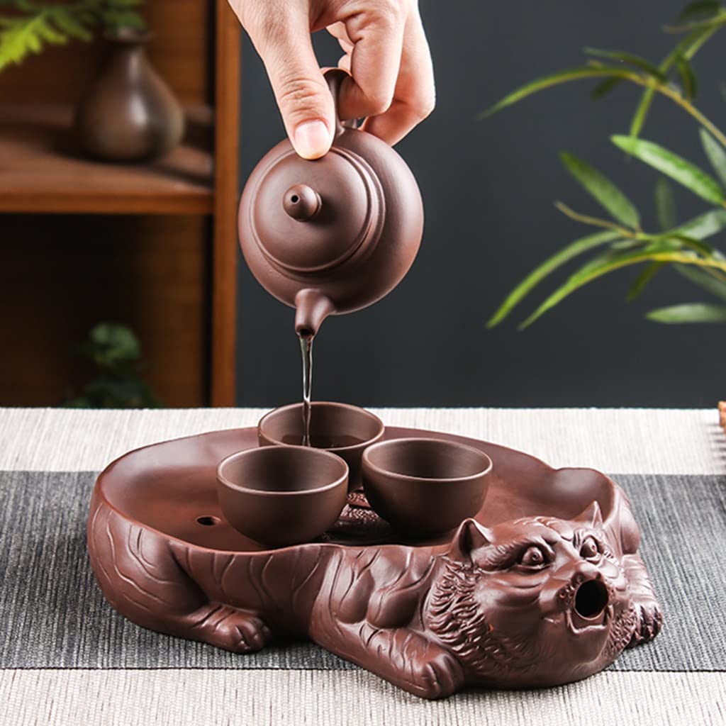 Plateau de Service à thé Japonais, Mini Plateau Chinois en Sable Violet avec système de Drainage pour la Maison et Le Bureau (Marron 26,4 x 15 x 6 cm)