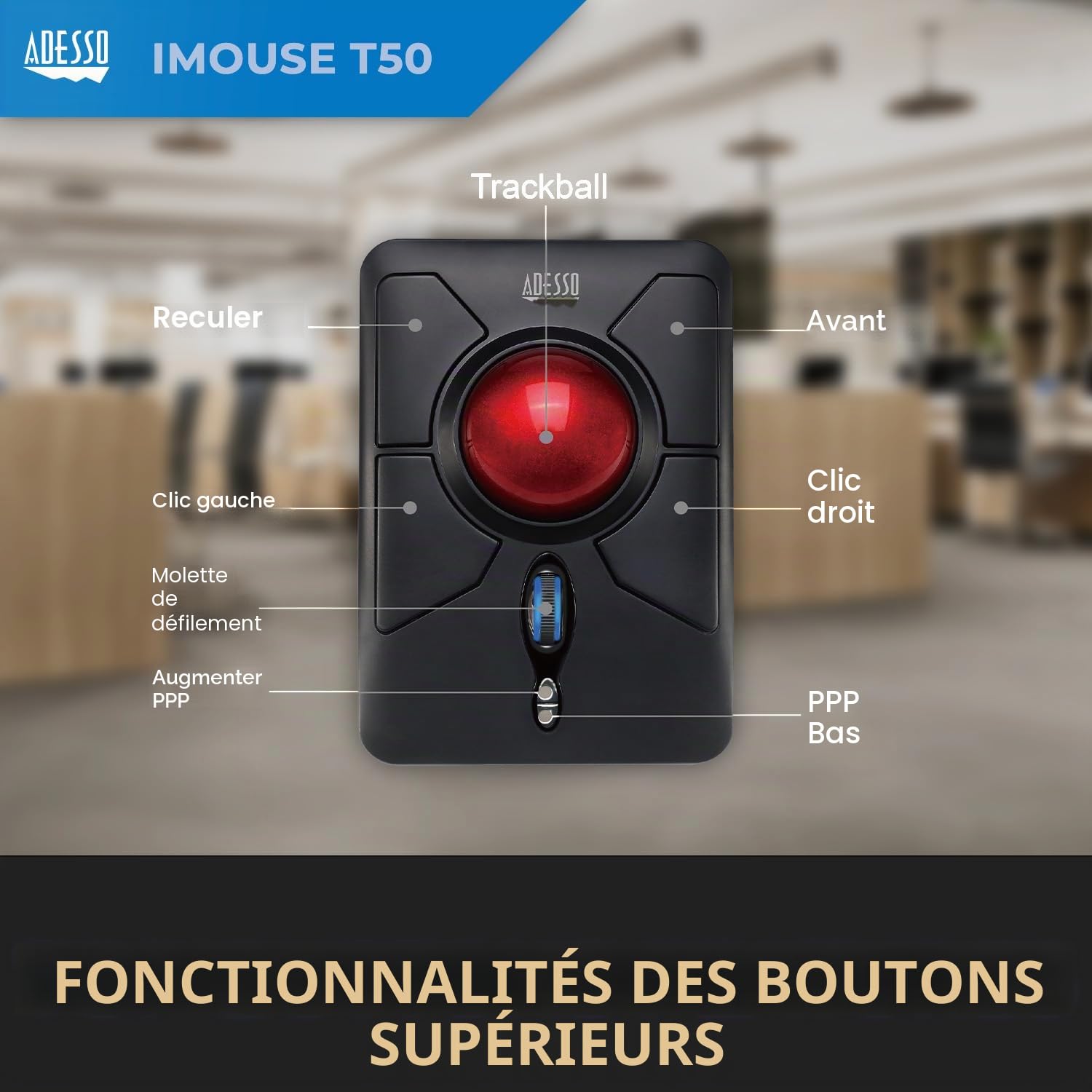 Adesso iMouse T50 souris RF Wireless Trackball 4800 DPI Ambidextre - Souris (Ambidextre, Trackball, RF Wireless, 4800 DPI, Black, Rouge)