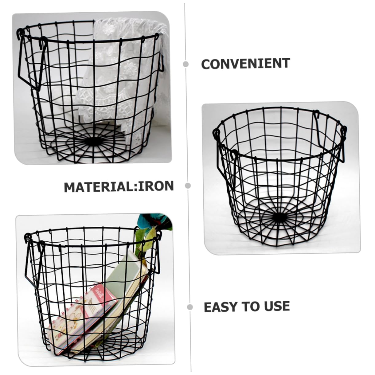 Cesta de Metal para Guardar Ropa Asas, Negra para Dormitorio