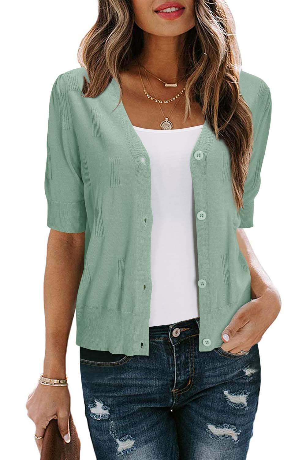 Arach&amp;Cloz Women's Lightweight Spring Summer Business Casual Cropped Short Sleeve Cardigan