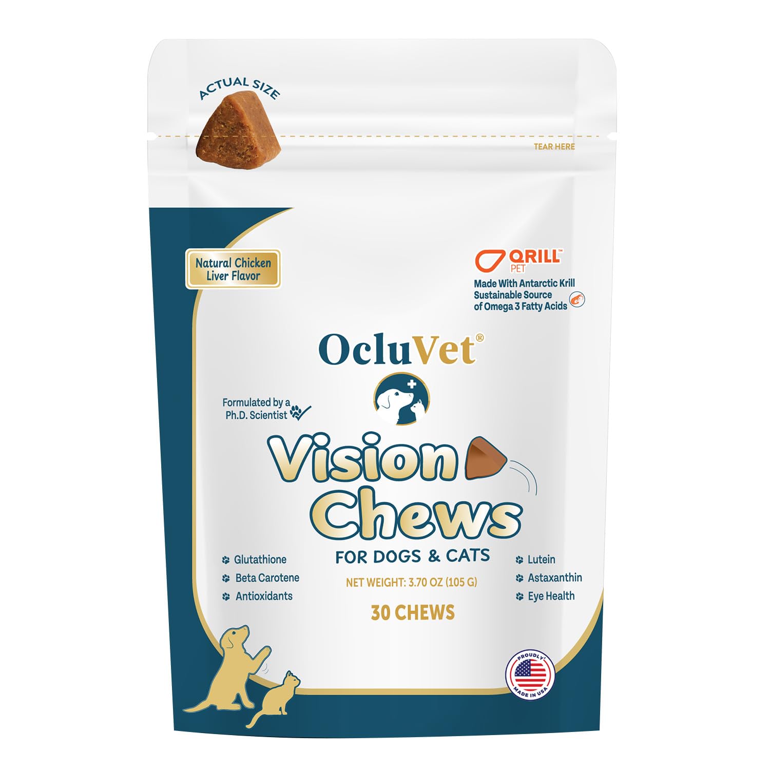 OcluVet Vision Chews Eye Supplements for Dogs & Cats, 30 Count | Chicken liver flavor with omega-3, lutein and antioxidants; no preservatives, Made in USA, 30-count bag