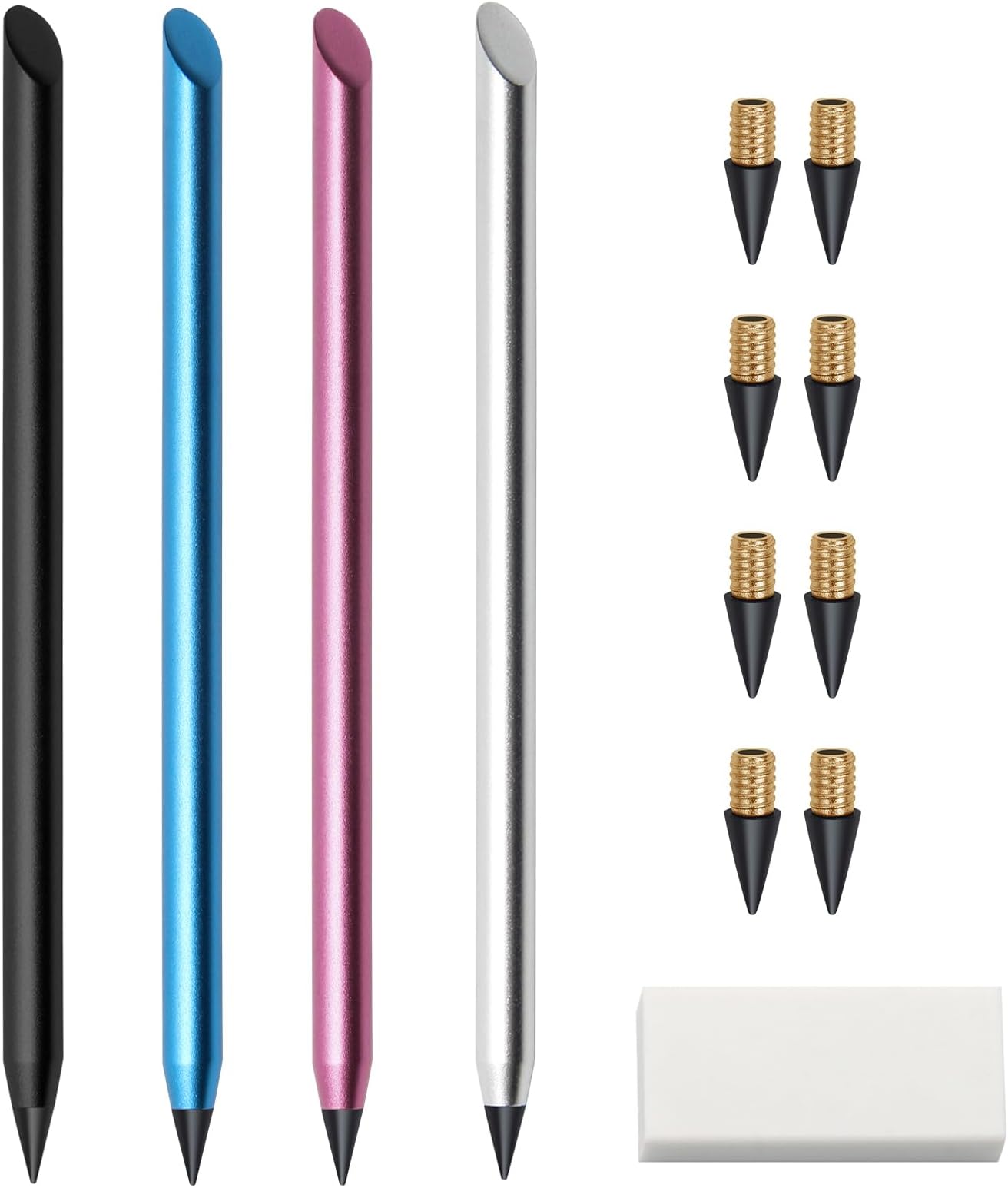 Windspeed 4+9 Pack Metal Inkless Pencil Eternal, Reusable Everlasting Pencil with Eraser and 8 Pcs Replaceable Nibs