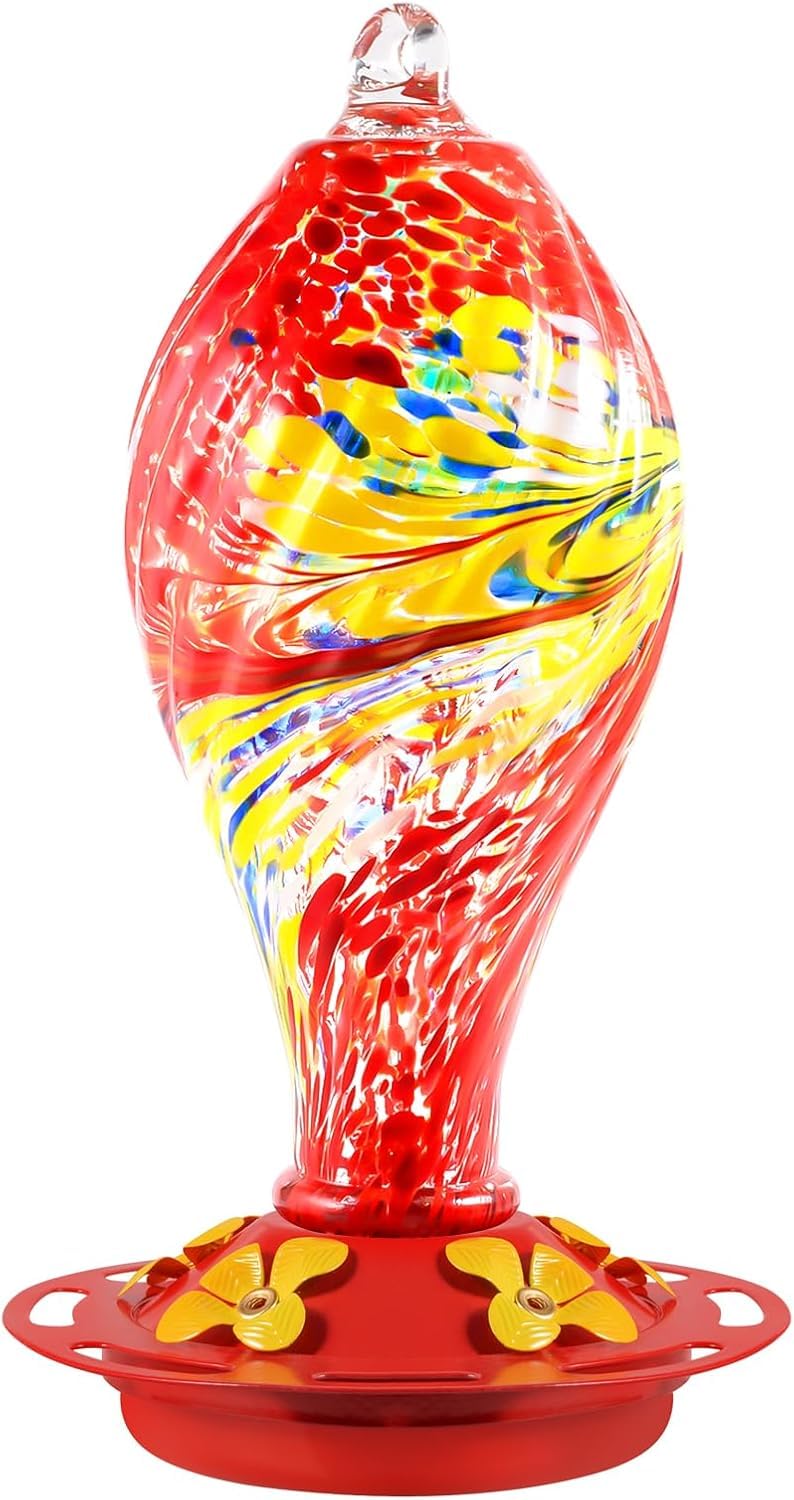 Raxurt 36 Ounce Hummingbird Feeder, Hummingbird Feeders for Outdoors, Hand-Blown Glass Hummingbird Feeder with No Fading, Outdoor Decor for Patio Garden Decorative, 5 Feeding Stations, Red