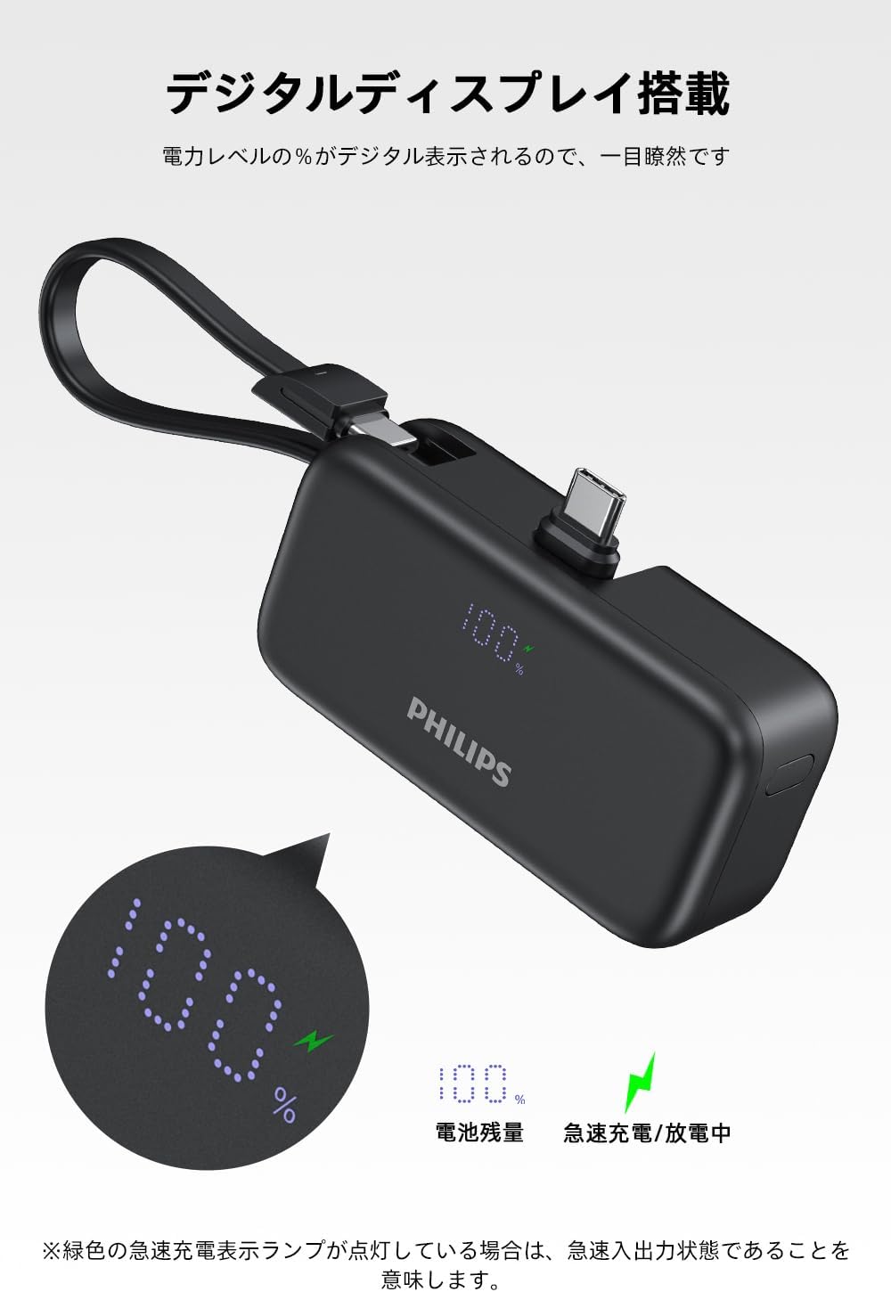 Close-up of the Philips mobile battery's LED display showing '100%' and a green lightning bolt icon.